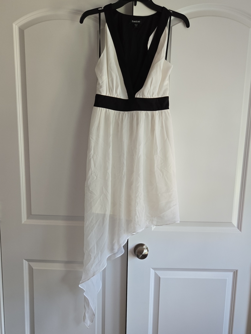 bebe Black and White Asymmetrical V-Neck Dress